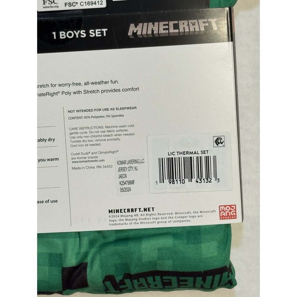 Cuddle Duds Boy's ClimateRight Minecraft Warm Underwear Set‎ Brand New Size 6/7 - Picture 8 of 10